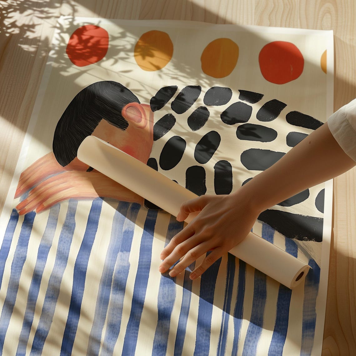 Colorful Sleeping Figure With Dots Stripes and Suns Minimalist Poster - Image 4