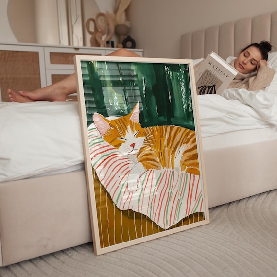 Orange Tabby Cat on Striped Pillow Dark Green Cozy Cat Poster