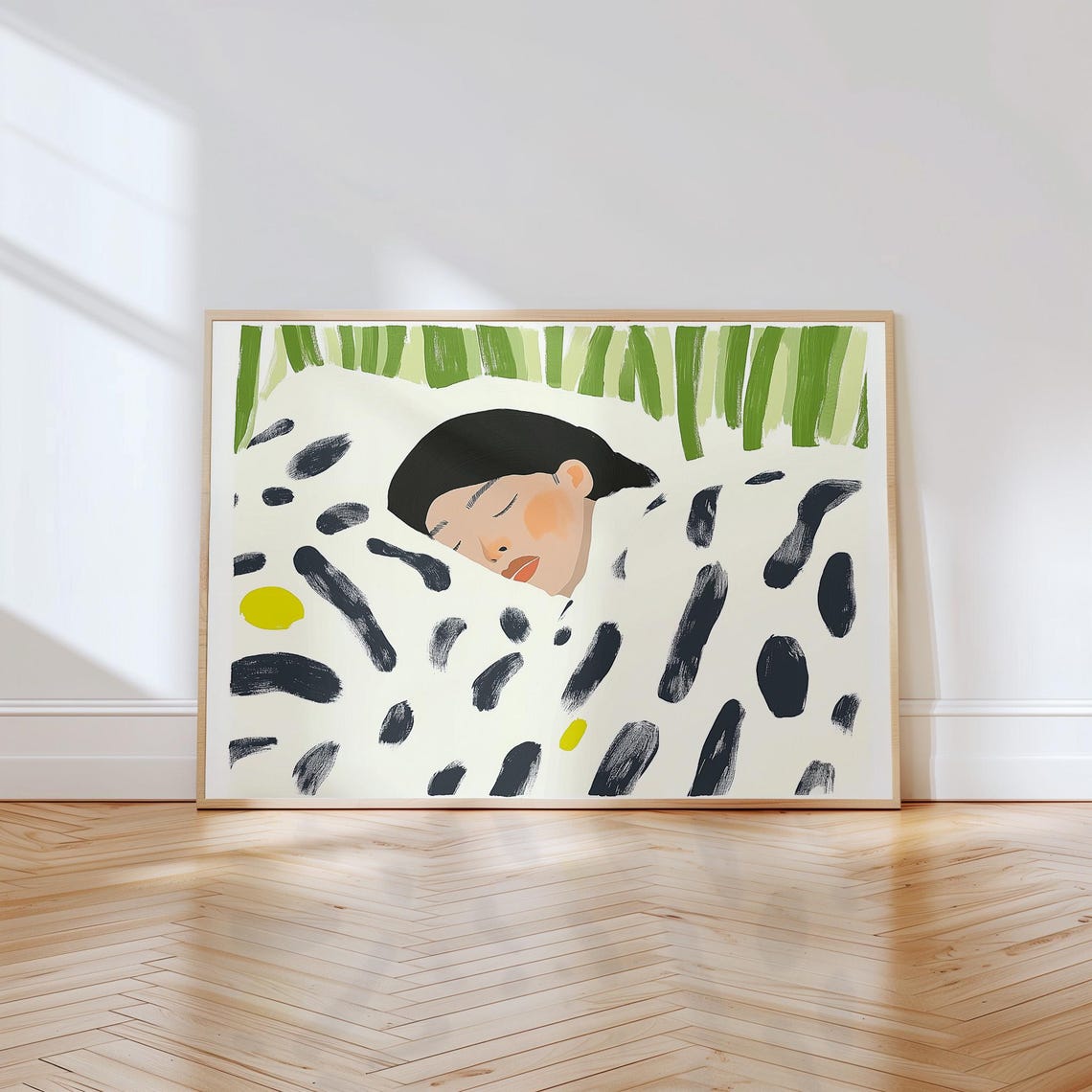 Sleeping Woman Under Patterned Blanket Green Stripes Above Poster