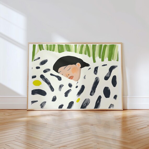 Sleeping Woman Under Patterned Blanket Green Stripes Above Poster