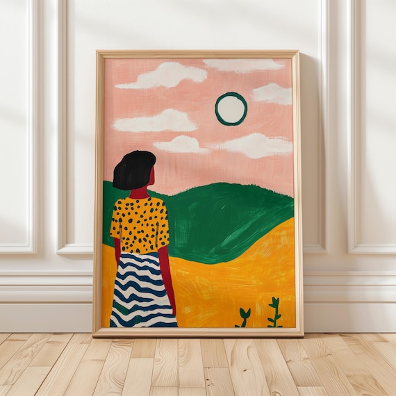 Colorful Sunset Landscape Art Print, Modern Abstract Woman