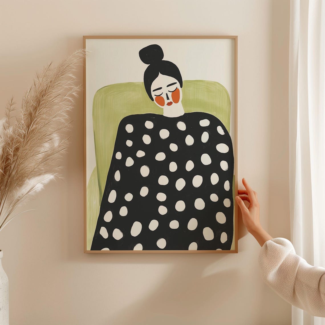 Polka Dot Dress Woman Red Cheeks Whimsical Portrait Green Chair Poster - Image 2