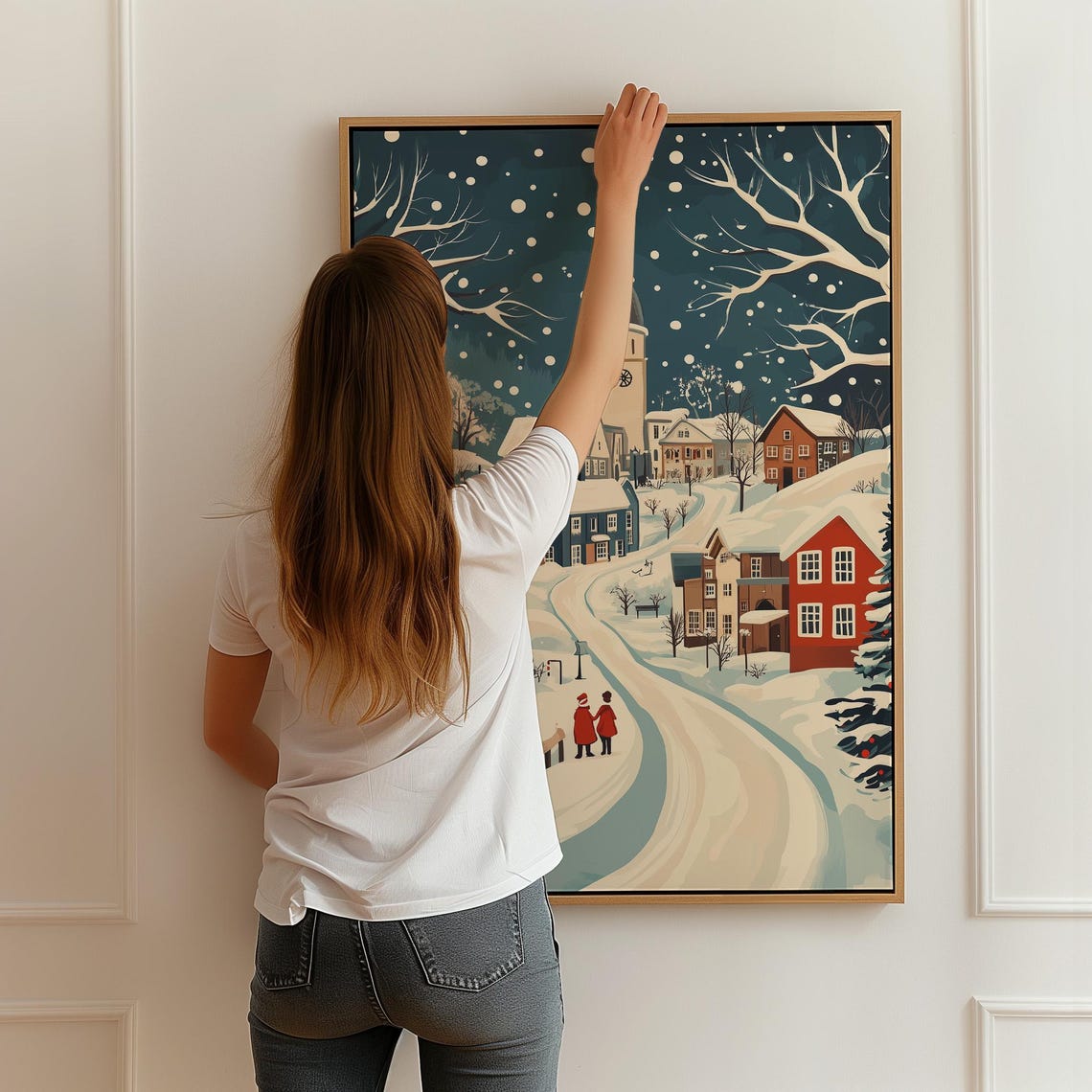 Stylized Snowy Village Church Tower Charming Winter Stroll Art Poster - Image 2