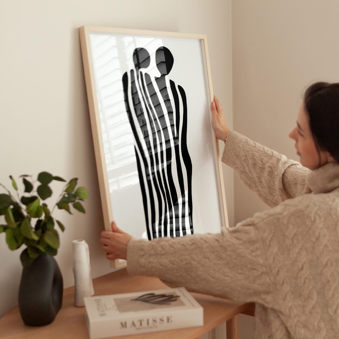 Minimalist Black And White Abstract Couple Embrace Large Wall Art - Image 4