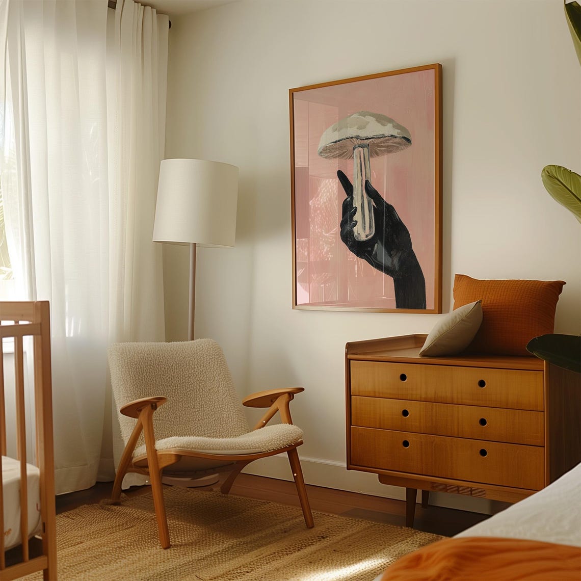 Black Hand Holding a Pale Mushroom on Soft Pink Surreal Poster - Image 4