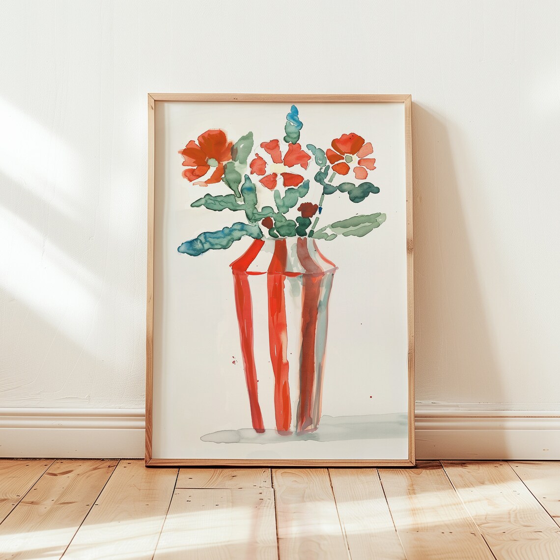 Red Watercolor Flowers in a Tall Striped Red Vase Floral Poster