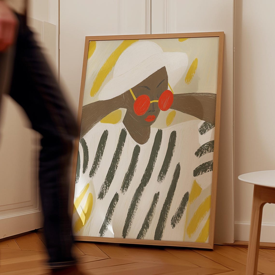 Woman With Red Sunglasses And White Hat In Striped Robe Art Poster - Image 5