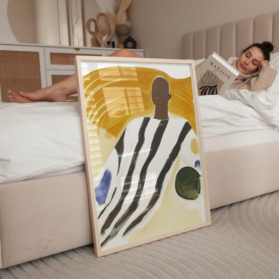 Woman With Golden Halo Arches In Striped Robe Abstract Art Poster - Image 5