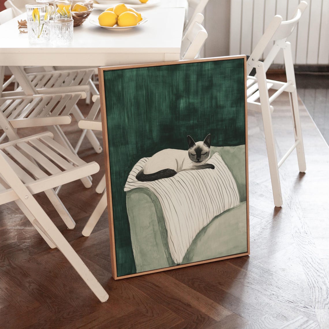 Elegant Siamese Cat Resting On Striped Blanket Green Chair Poster - Image 3