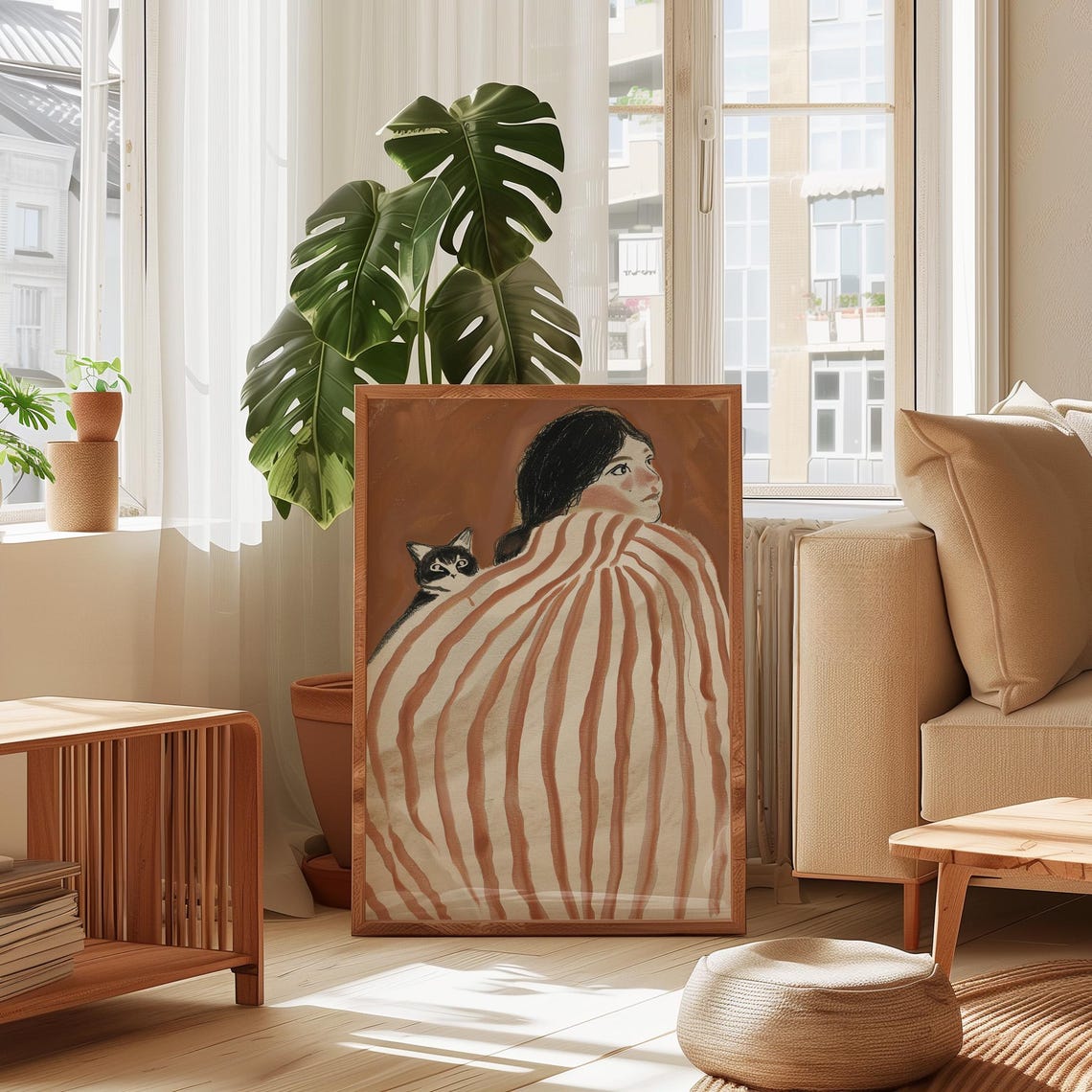 Whimsical Woman And Cat Striped Blanket Warm Brown Art Poster - Image 2