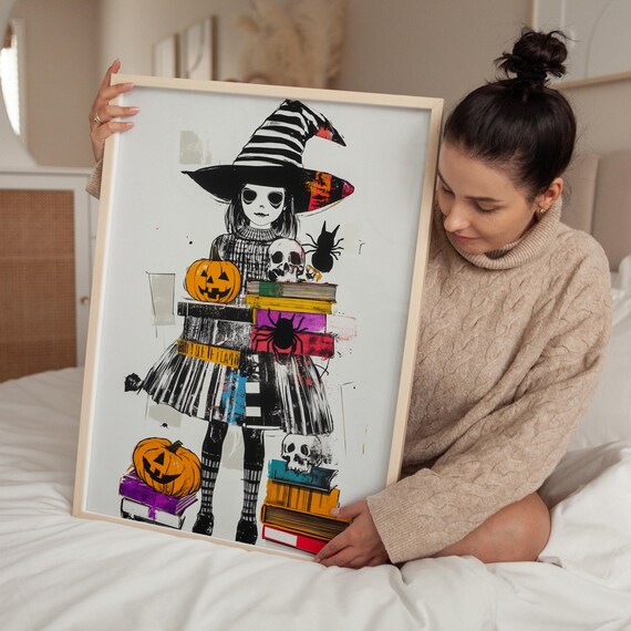Whimsical Striped Hat Witch Girl Holding Colorful Books Halloween Poster