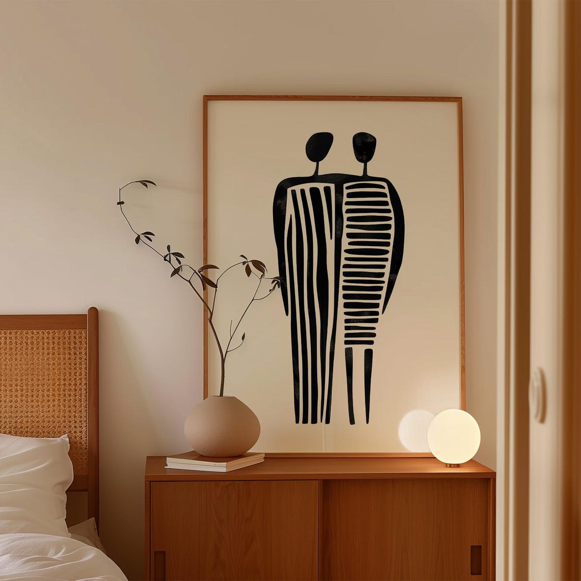 Minimalist Couple Figures Black White Abstract Linocut Style Poster - Image 3