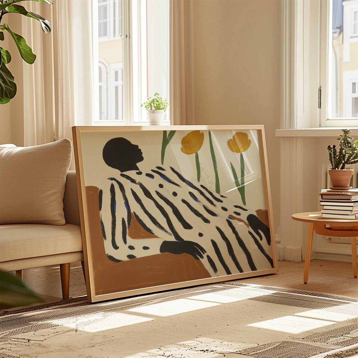 Reclining Figure in Striped Dress with Yellow Tulips Behind Poster - Image 3