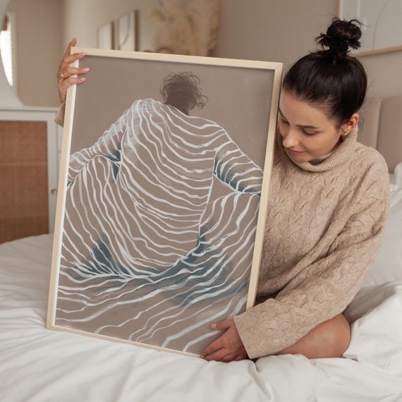 Abstract Back View Portrait Minimalist Figure In Striped Blanket Earth Tone Calm Wall Art Contemporary Figure Print