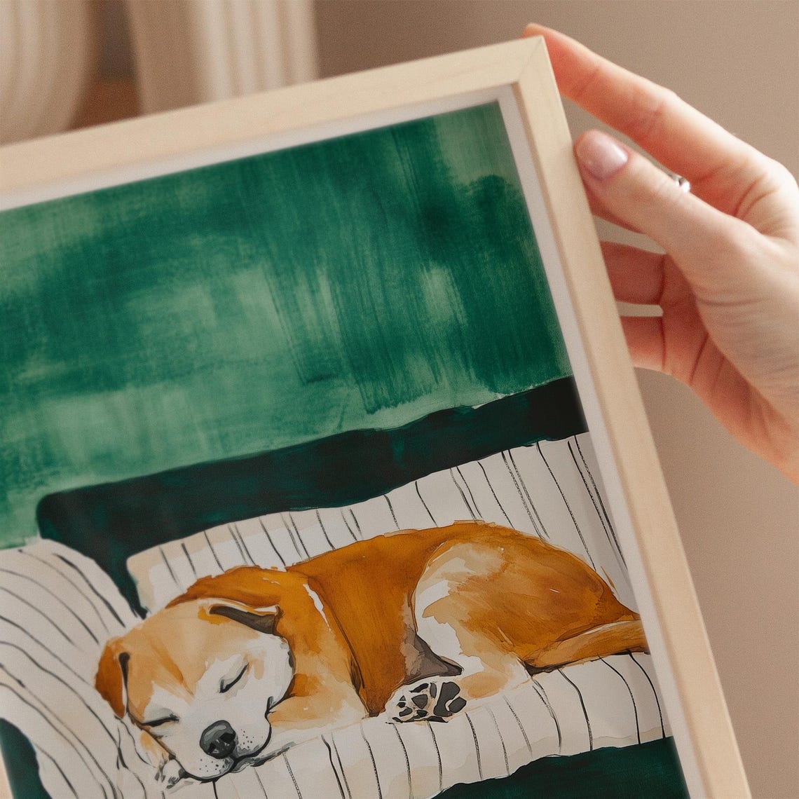 Sleeping Beagle Puppy On Green Couch Cozy Dog Painting Print - Image 4