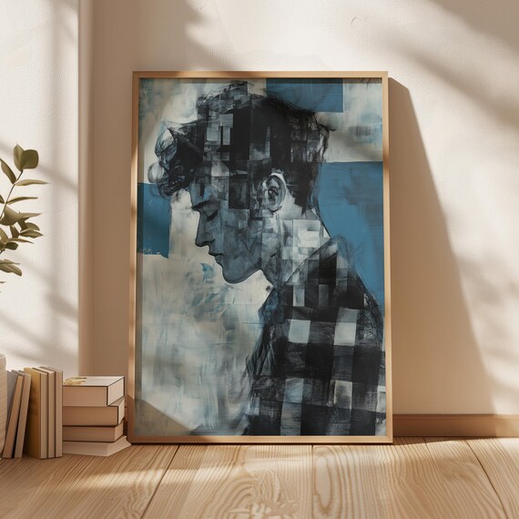 Abstract Male Portrait Art Modern Geometric Checkered Painting Expressive Blue And Black Wall Decor Contemporary Print