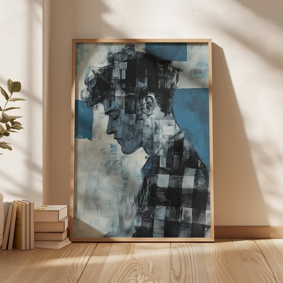 Blue Fragmented Male Portrait In Profile Abstract Painting Wall Art