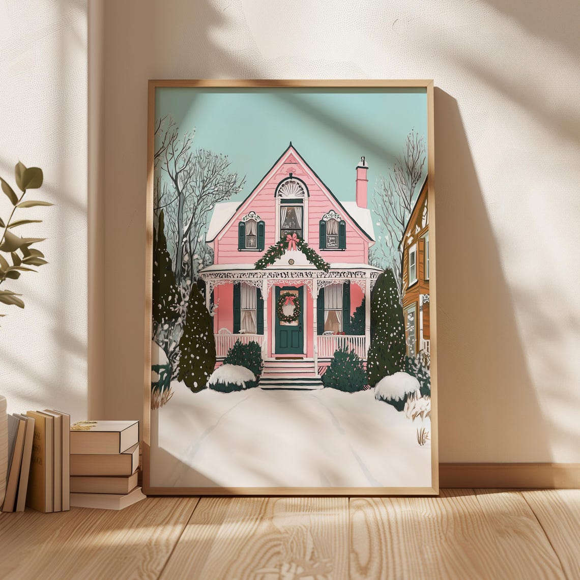 Pink Victorian House Snowy Winter Holiday Village Charming Home Poster