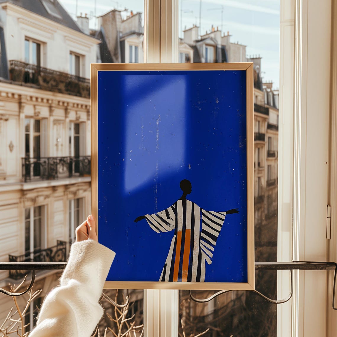 Tiny Striped Robe Figure Arms Outstretched Electric Blue Poster