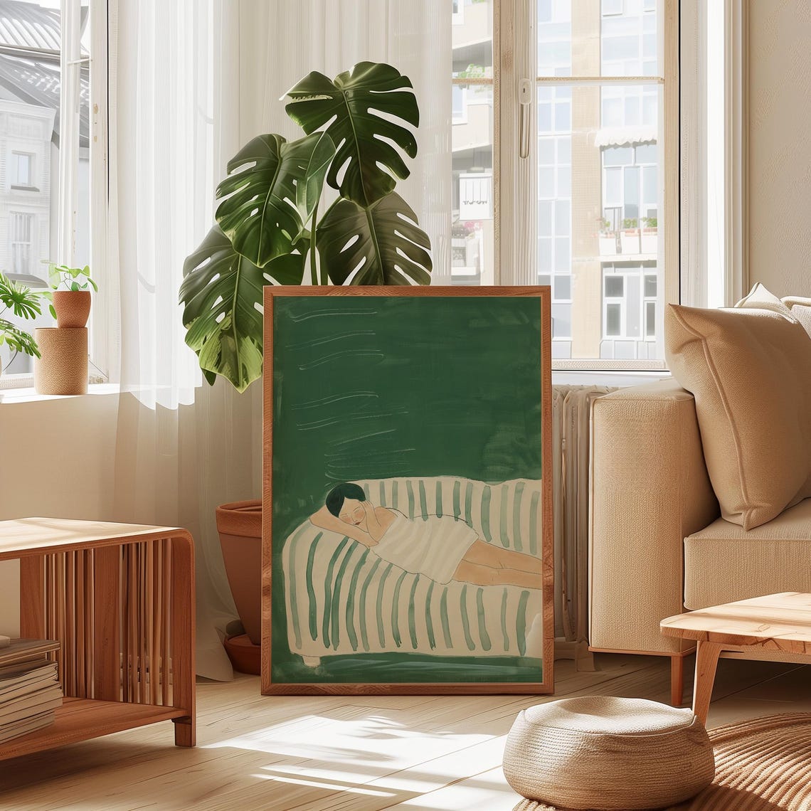 Woman Resting on Green Striped Couch Minimal Green Figure Poster - Image 2