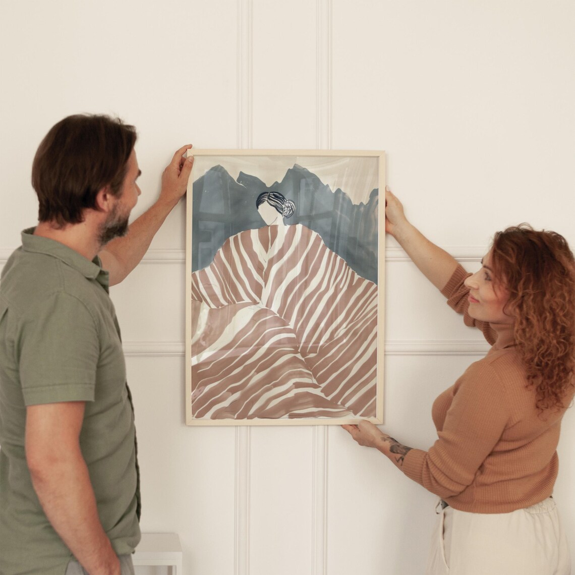 Woman In Striped Shawl Before Misty Mountains Neutral Tones Wall Art - Image 3