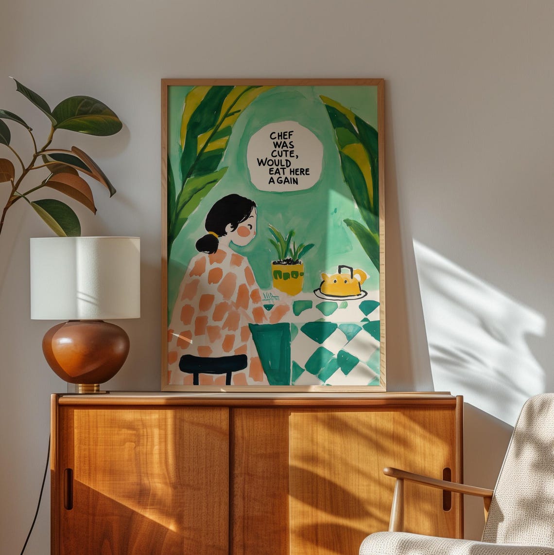 Chef Was Cute Wall Art Whimsical Dining Illustration Funny Restaurant Green And Yellow Kitchen Print - Image 2