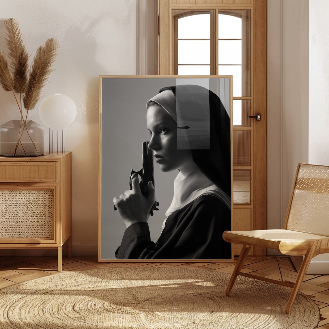 Nun Holding Gun Black And White Cinematic Photographic Art Poster - Image 4