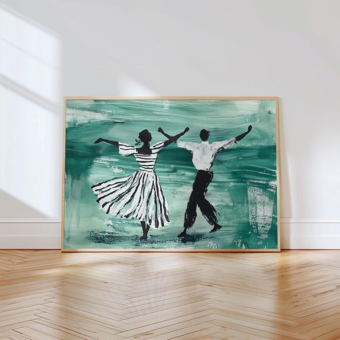 Dancing Couple Teal Background Joyful Twirl Silhouette Painting Poster
