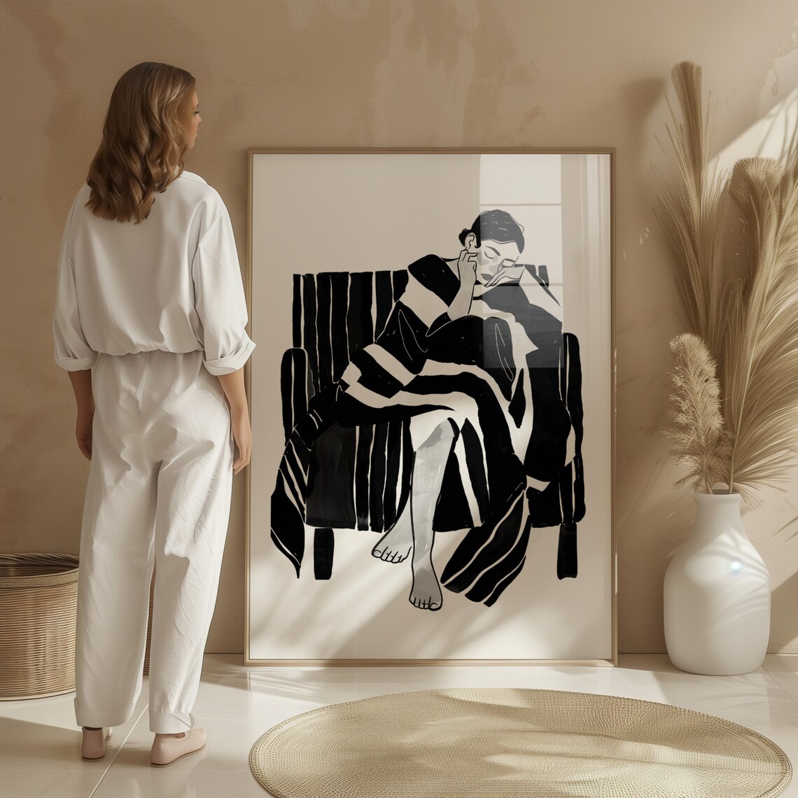 Pensive Moment Black And White Striped Art Print