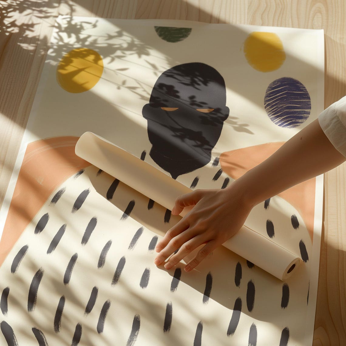 Black Silhouette Figure In Dotted Robe With Bright Circles Art Poster - Image 3