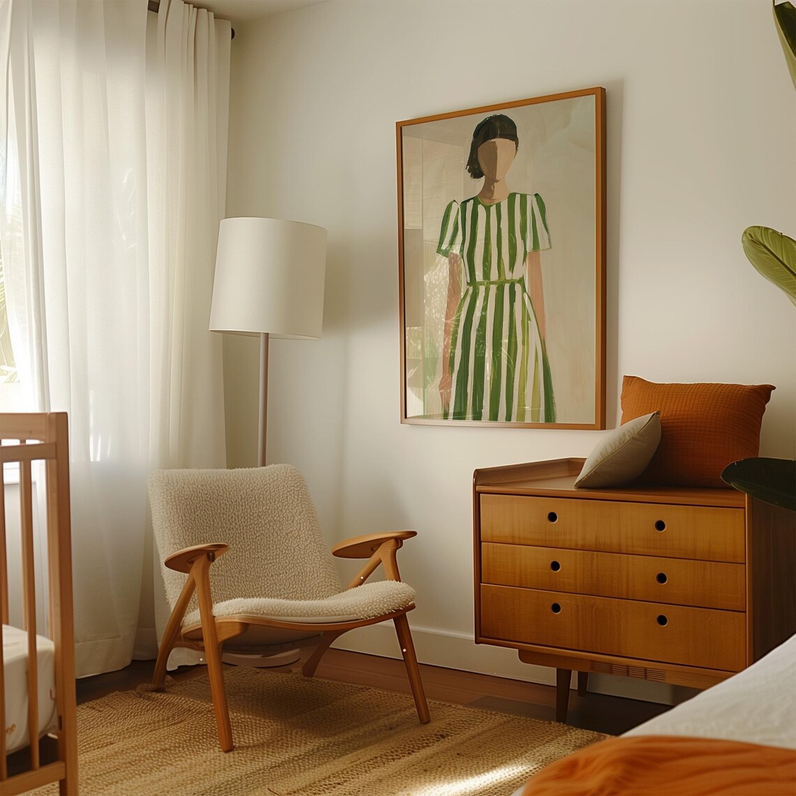 Faceless Woman in a Green Striped Dress on a Neutral Ground Poster - Image 2