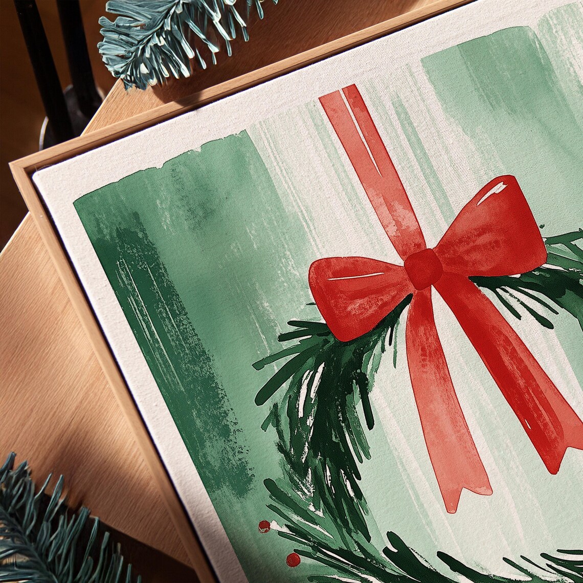 Green Pine Christmas Wreath With a Big Red Bow Watercolor Poster - Image 3