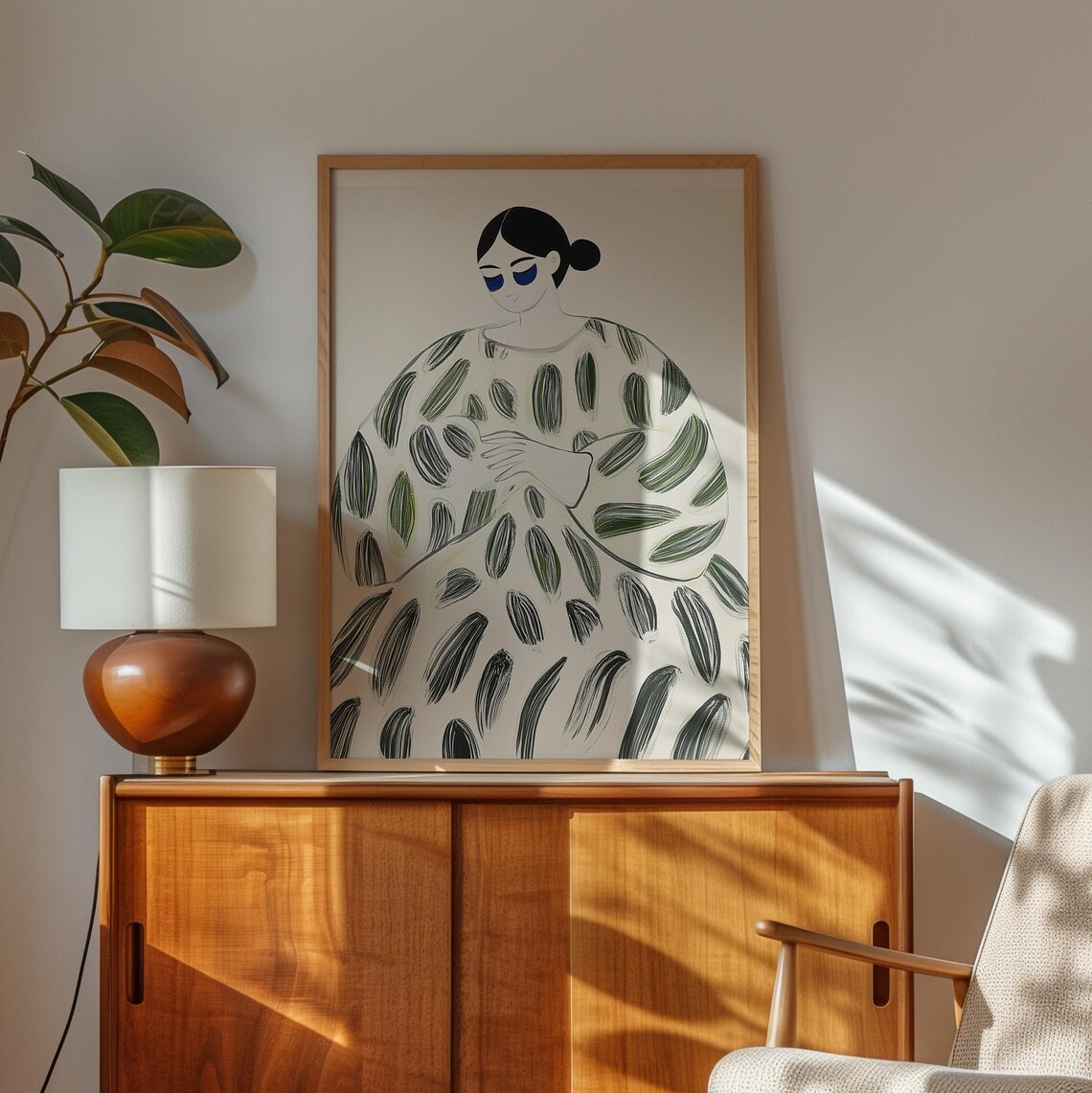 Minimalist Woman Green Patterned Dress Beige Abstract Figure Art Poster - Image 2