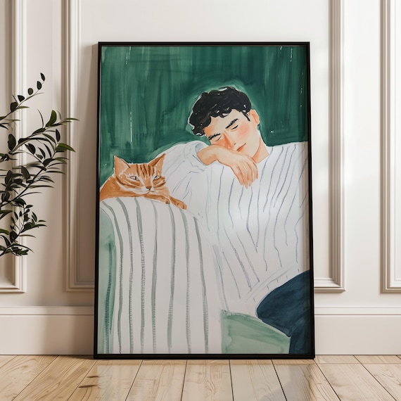 Cozy Man And Orange Cat Watercolor Portrait Emerald Green Pet Poster