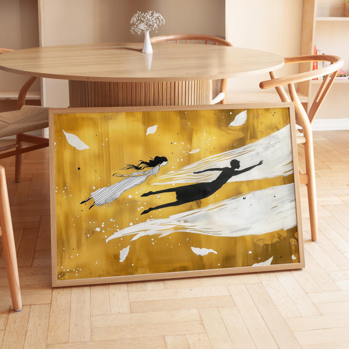 Two Floating Figures In Golden Dreamscape Surreal Abstract Wall Art - Image 4