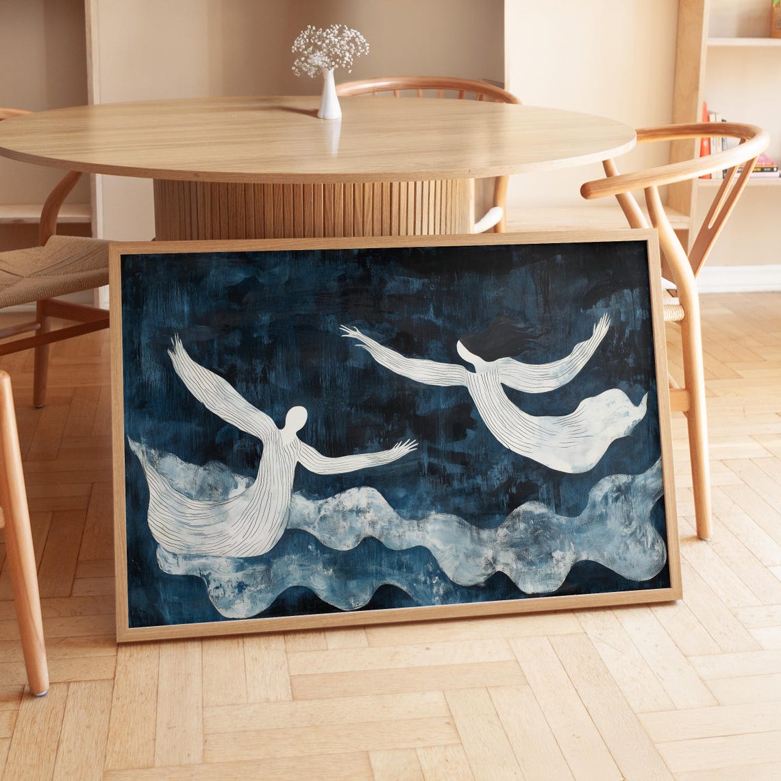 Two White Angels Flying Over Dark Navy Clouds Dreamlike Art Poster - Image 2