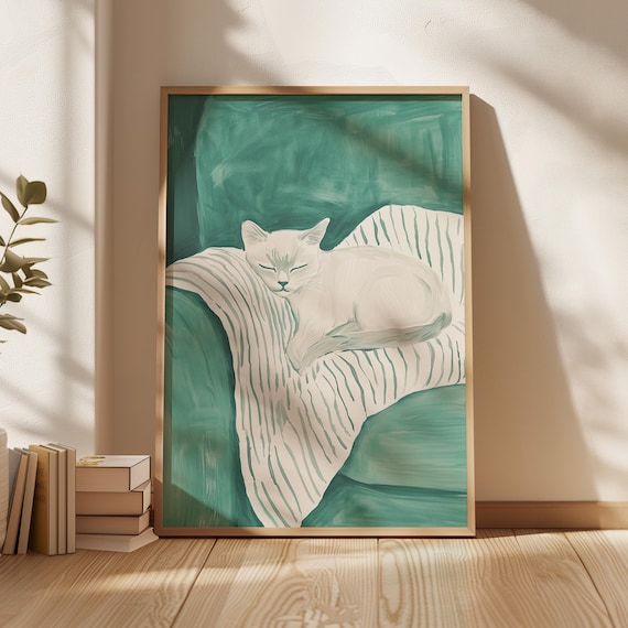 Sleeping White Cat Curled On Striped Throw Green Couch Cozy Minimalist Art Poster