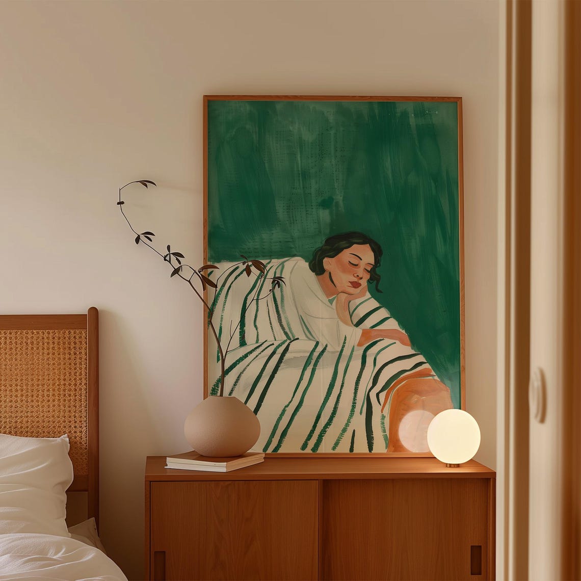 Sleeping Woman Emerald Green Striped Blanket Cozy Rest Poster - Image 4