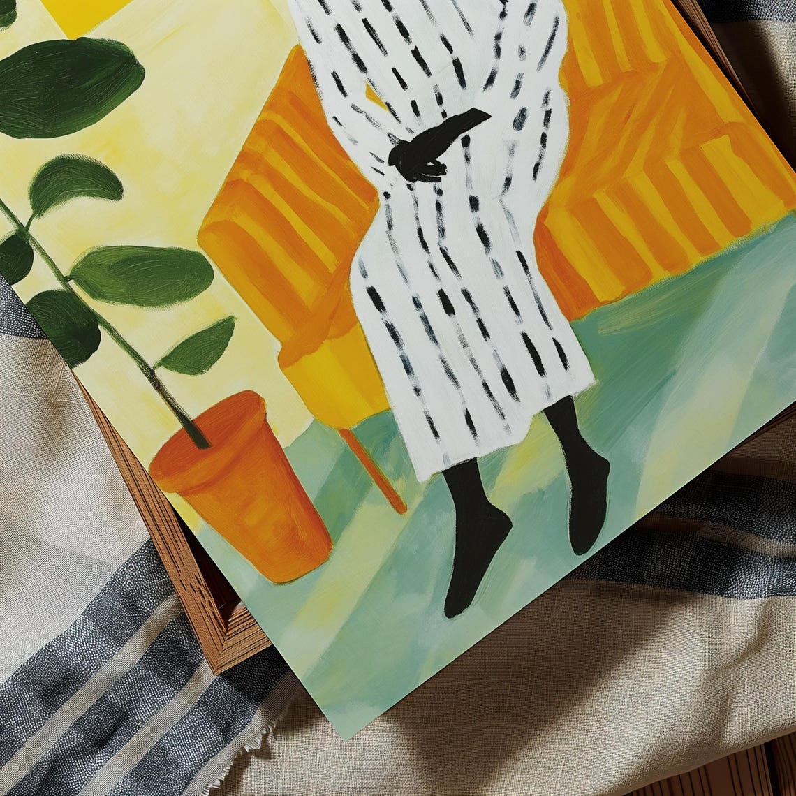 Seated Figure In Striped Robe On Orange Sofa Modern Interior Poster - Image 2