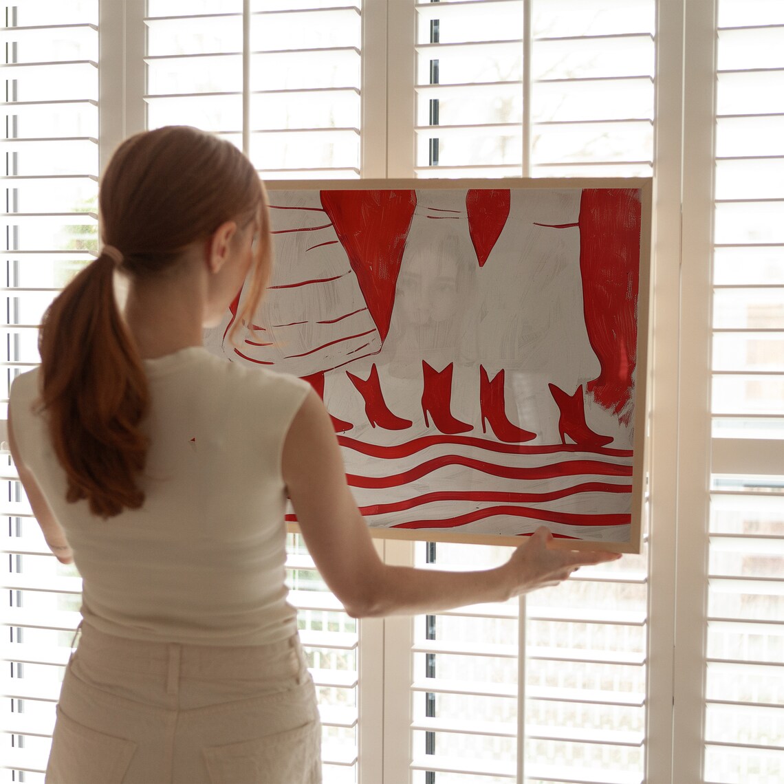 Red and White Abstract Women in Skirts and Boots Modern Art Wall Poster - Image 2