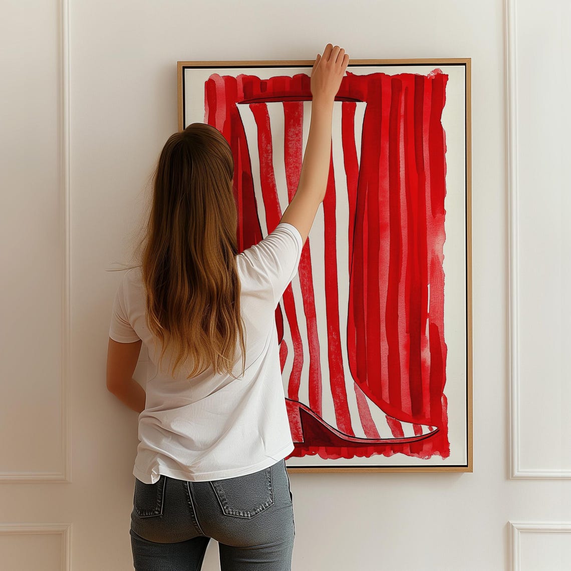 Red and White Striped Boot Fashion Illustration Bold Wall Art - Image 4