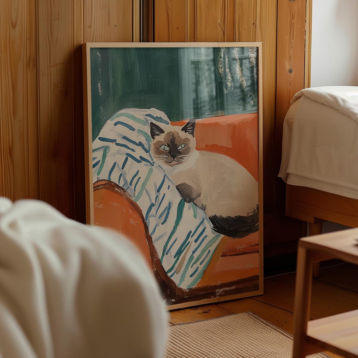 Siamese Cat on Orange Sofa Striped Blanket Painted Cat Poster - Image 4