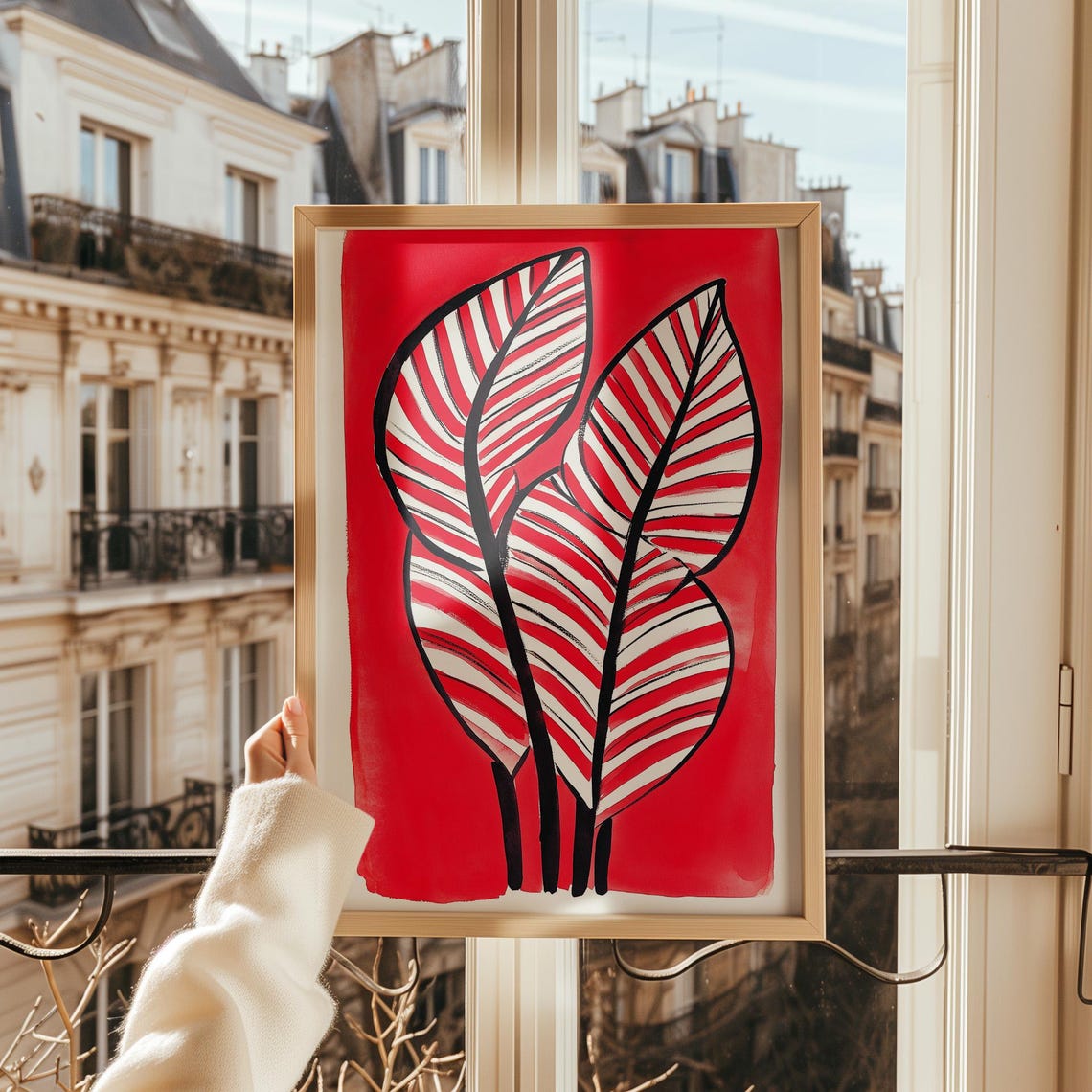 Striped Red Leaves Botanical Illustration Bold Foliage Poster