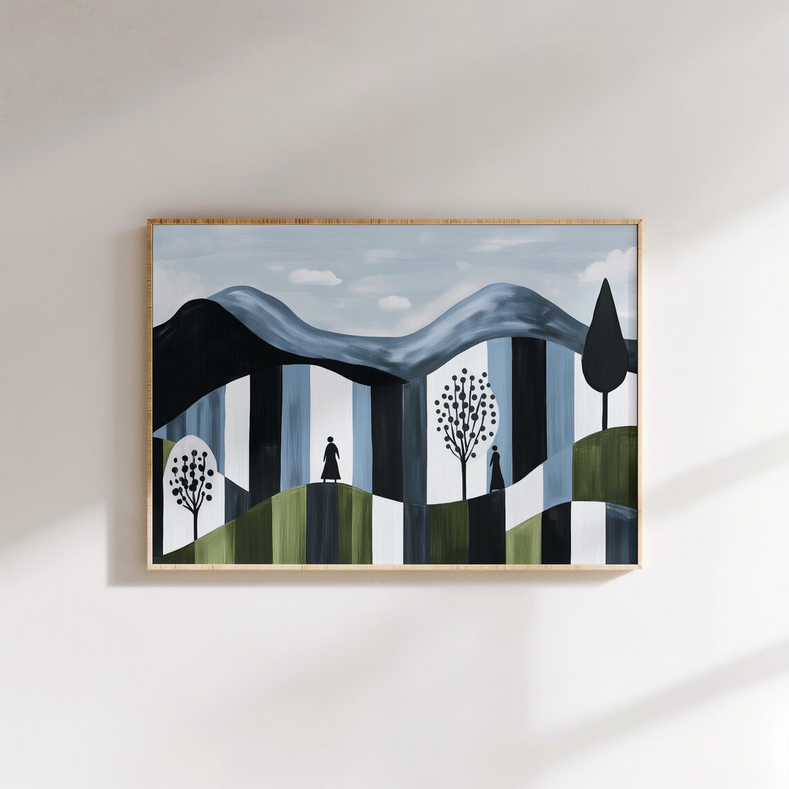 Abstract Landscape With Figures And Trees, Minimalist Mountain Scene