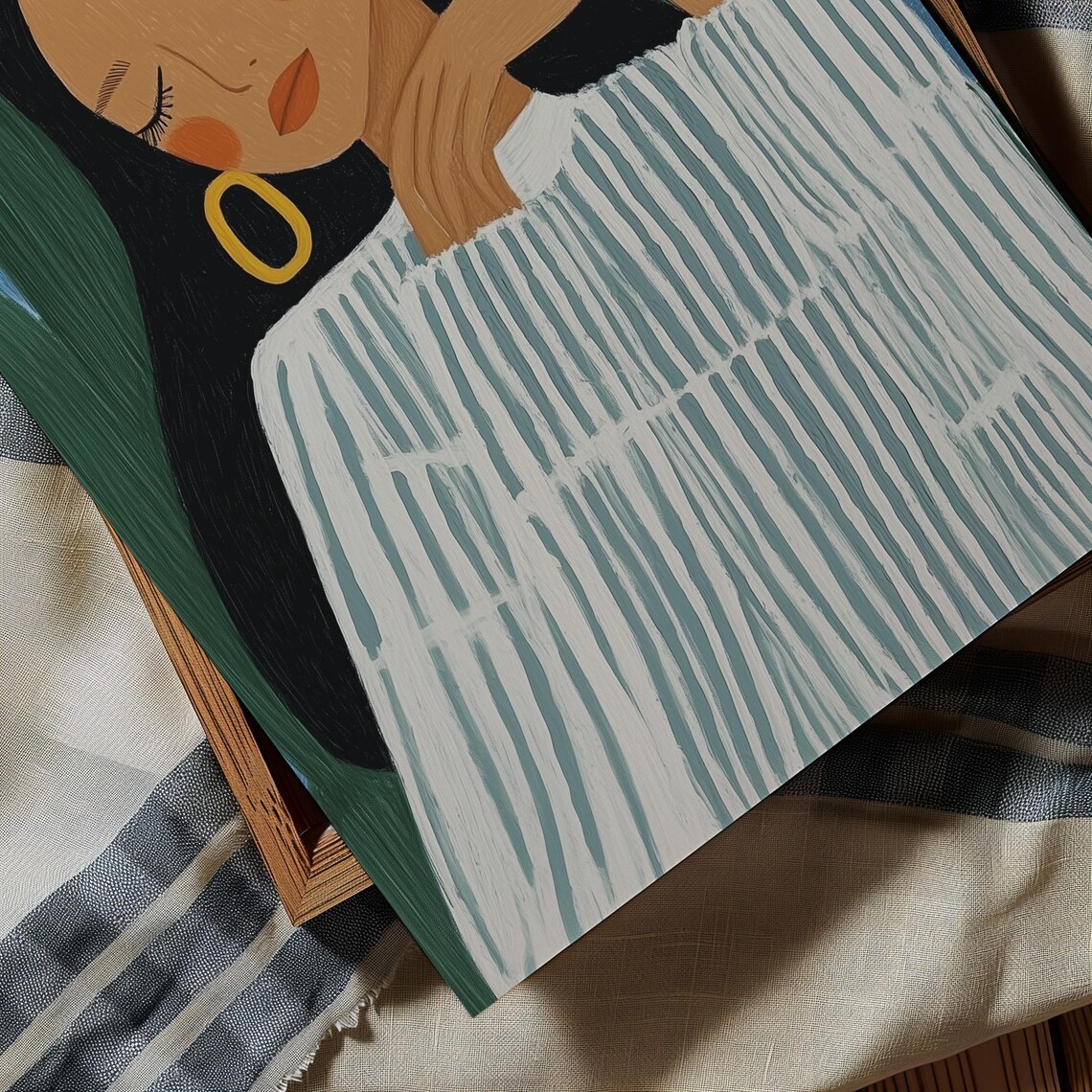 Woman with Gold Hoops in a Striped Blouse in Tropical Green Poster - Image 2