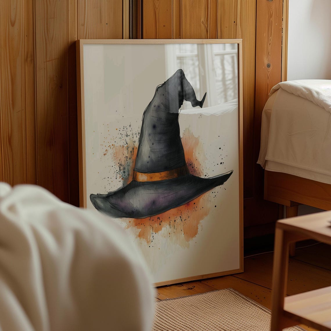 Watercolor Witch Hat With Orange Splashes Halloween Art Poster - Image 4