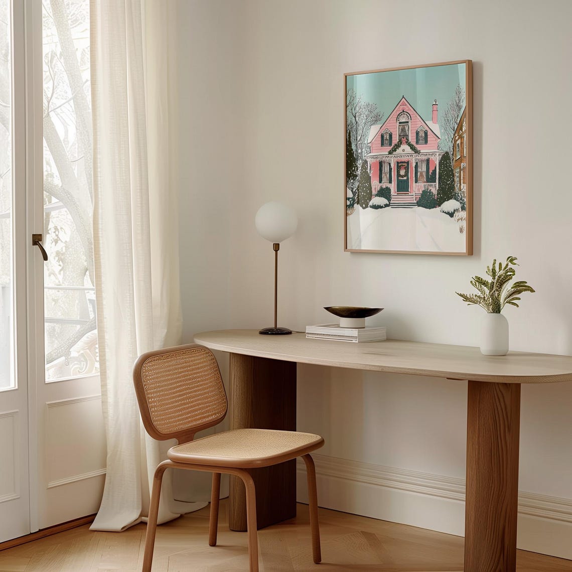Pink Victorian House Snowy Winter Holiday Village Charming Home Poster - Image 3