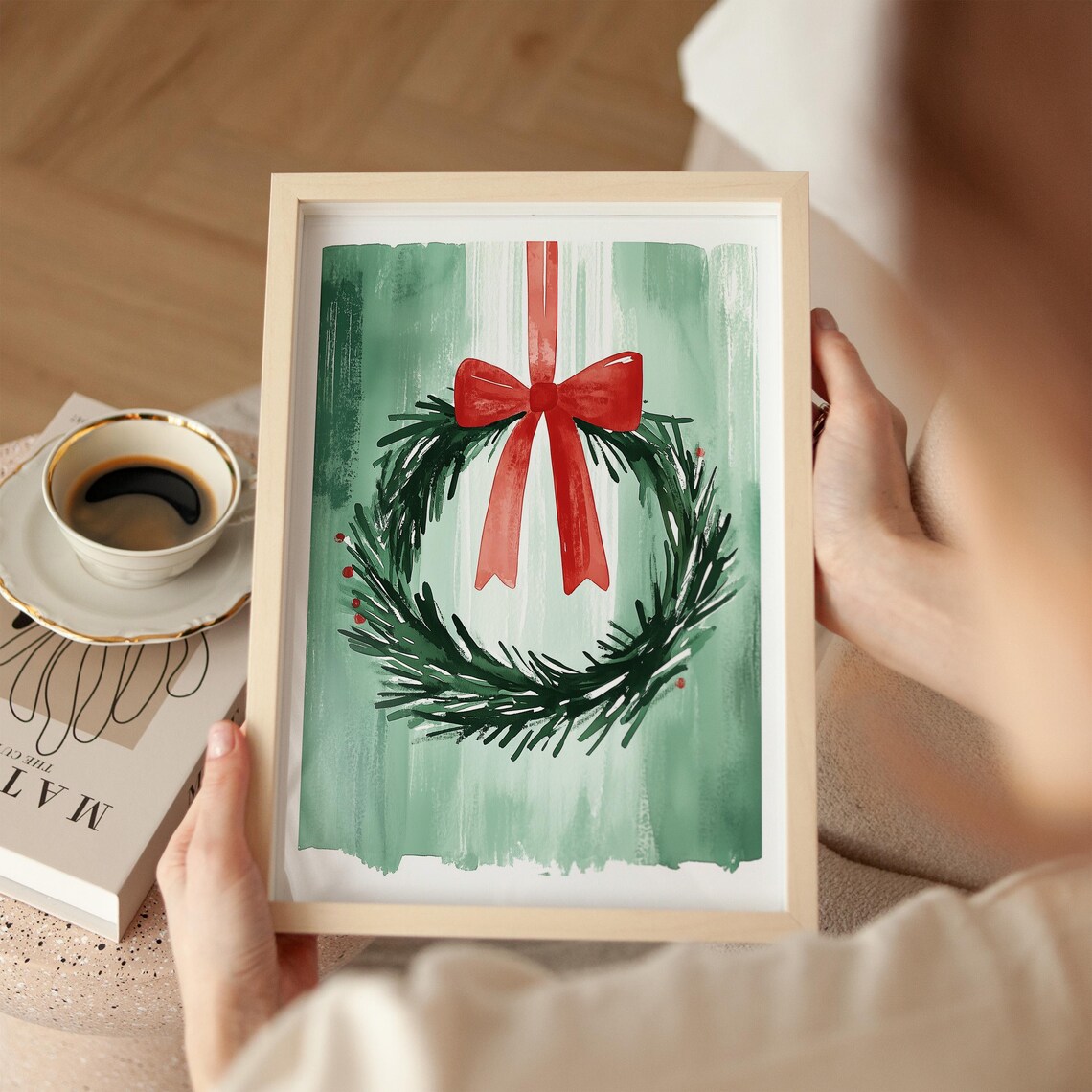 Green Pine Christmas Wreath With a Big Red Bow Watercolor Poster - Image 2