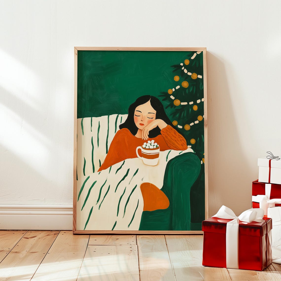 Woman in an Orange Sweater With Hot Cocoa by the Christmas Tree Poster