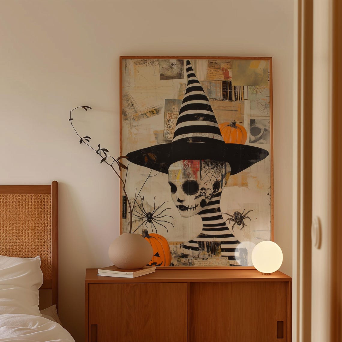 Skeleton Witch Woman Striped Hat Gothic Halloween Bedroom Art Poster